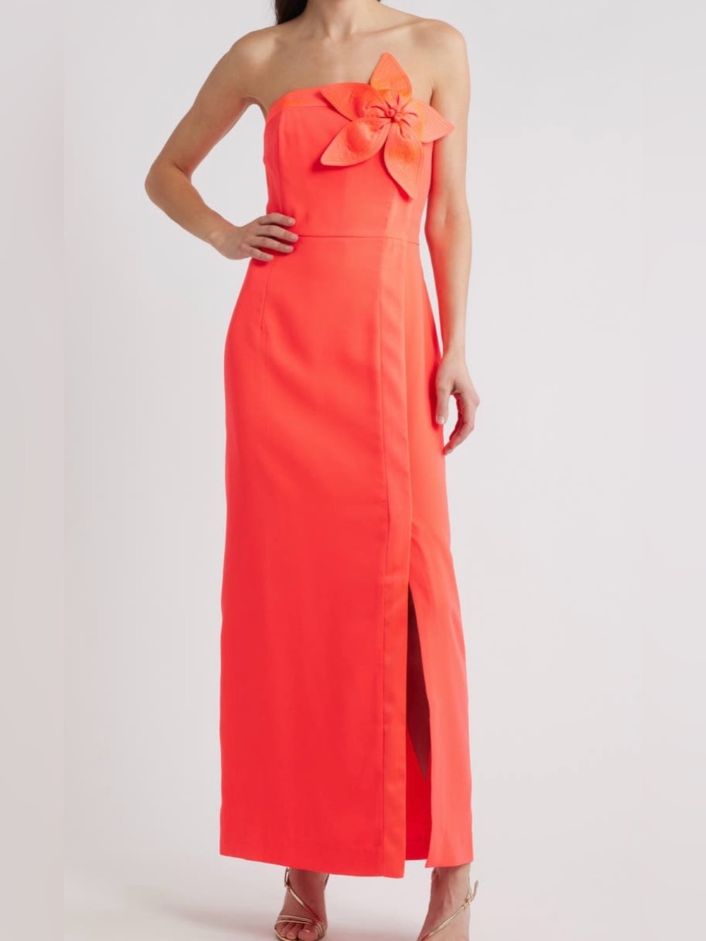 Lilly Pulitzer Strapless Coral-Orange Flower Accent Gown